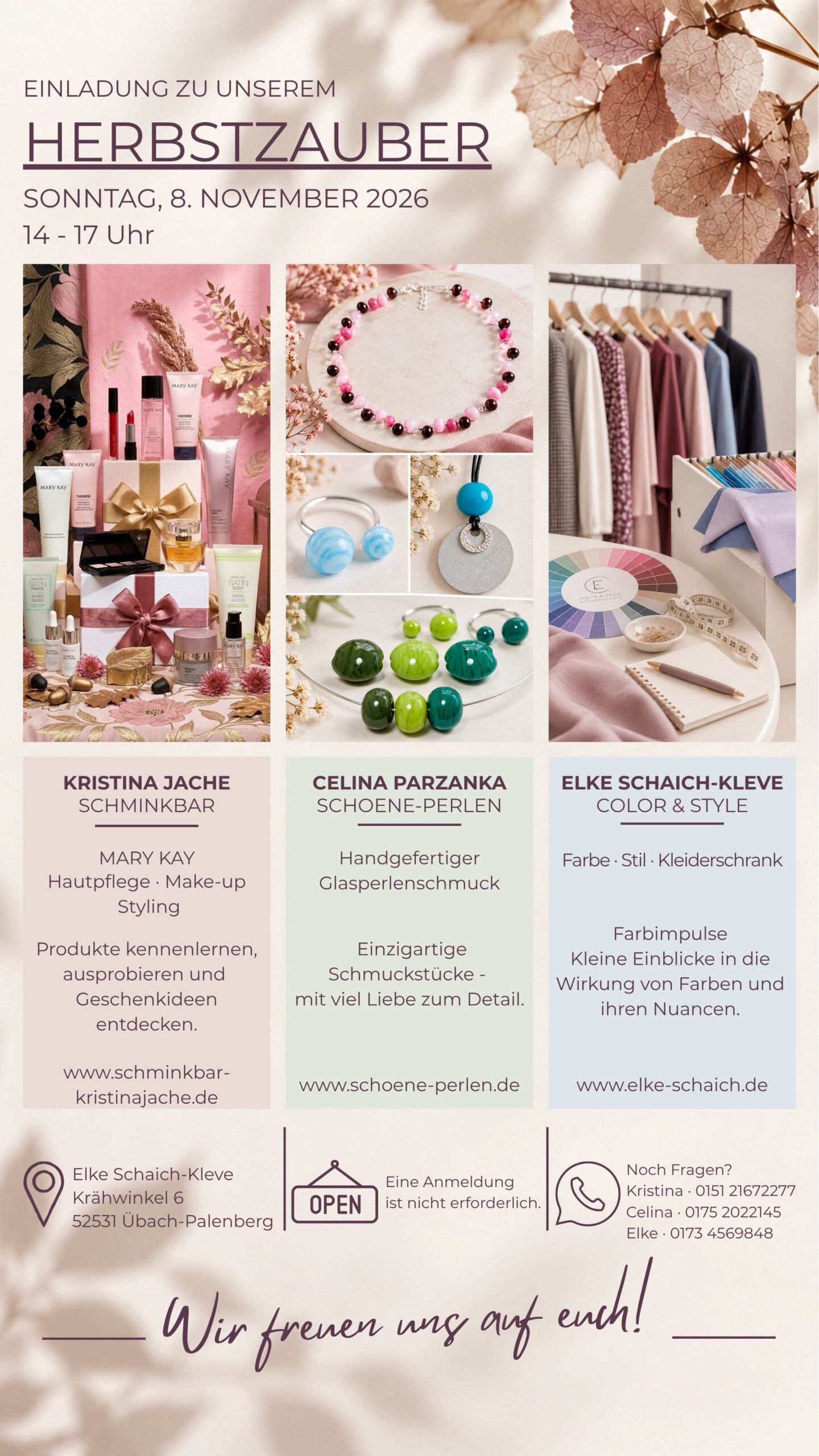 Flyer Herbstzauber am 8. November 2026 in Übach-Palenberg mit Kristina Jache, Celina Parzanka und Elke Schaich-Kleve